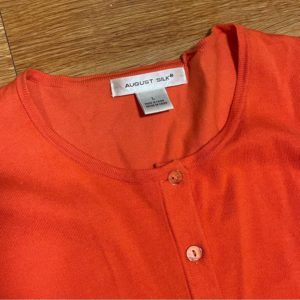 August Silk Button Up Cardigan Sweater in Orange, Size Large - Picture 6 of 8